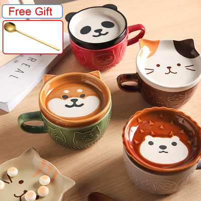 Ceramics Cute Cat Cup Shiba Inu Coffee Cups Mug with Lid Personality Gift Household Cartoon Kawaii Kids Breakfast Oat Milk Mugs