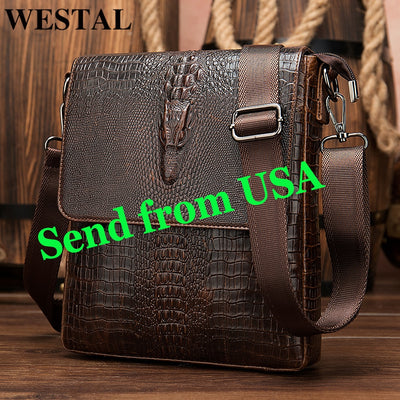 WESTAL Men&#39;s Shoulder Bag for Men Genuine Leather Crocodile Pattern Vintage Crossbody Bag for Men Flap Zipper Messenger Bag 8857