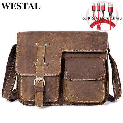 WESTAL Men&#39;s Bag Genuine Leather Men&#39;s Shoulder Bag for Men Crazy Horse Men&#39;s Designer Messenger Bags Man Satchels Handbags 1050