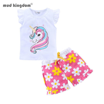 Mudkingdom Flower Summer Holiday Girls Outfits Unicorn Cartoon Mermaid Clothes Set for Girls Floral Short Clothes Suit Kids