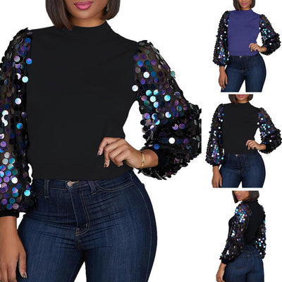 Fashion Women Mock Neck Stitching Sequined Long Puff Sleeve Blouse Crop Top  Loose Clothing Casual T shirt Femme  2020