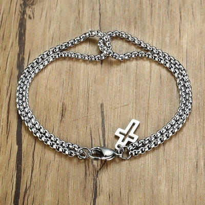 Vnox Retro Interlocked Double Box Chain Bracelets For Women Men Handmade Stainless Steel Cross Pulseira Accessories
