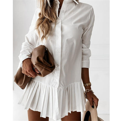 Woman Solid Color Shirt Dress Lapel Long Sleeve Pleated Single-Breasted Mini Dress Female Ladies Spring One-Piece Clothing