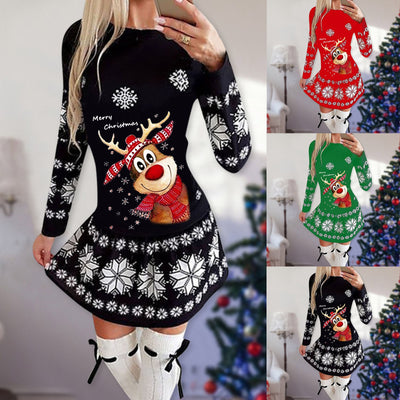 New Fashion Comfortable Women's Autumn And Winter New Long-sleeved Christmas Casual Daily Loose Sexy Dress vestido de mujer L*5