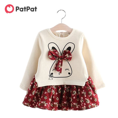 PatPat 2021 New Arrival Autumn and Winter Spring Baby Toddler Faux-two Bunny Print Floral Dresses for Kids Girls Kids Clothing