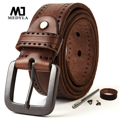 MEDYLA Natural Leather Belt Men&#39;s Hard Metal Matte Buckle Men&#39;s Original Leather Belt 105-150cm Jeans Belt Screw Accessories