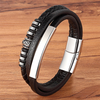 TYO Stainless Steel Genuine Leather Bracelet For Men Geometrically Irregular Graphics Black Brown Color Accessories Jewelry