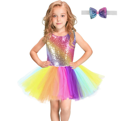Rainbow Sequins Tutu Dress for Kids Fashion Backless Sleeveless Tulle Dress Girls Clothes Colorful Children Girl Party Dress 2-8