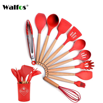 WALFOS Kitchen Tools Natural Beech Wood Handle Silicone Kitchen Utensil Set Silicone Cooking Tools Set Utensils Set