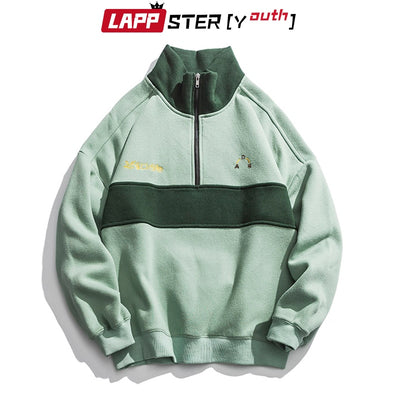 LAPPSTER-Youth Harajuku Patchwork Turtleneck Hoodies 2022 Pullover Mens Color Block Korean Fleece Sweatshirts Streetwear Clothes