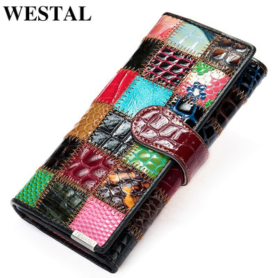 WESTAL Women&#39;s Wallet Genuine Leather Patchwork Wallet for Women Clutch Bags for Cellphone Women&#39;s Purses Coin Wallets Long 4202