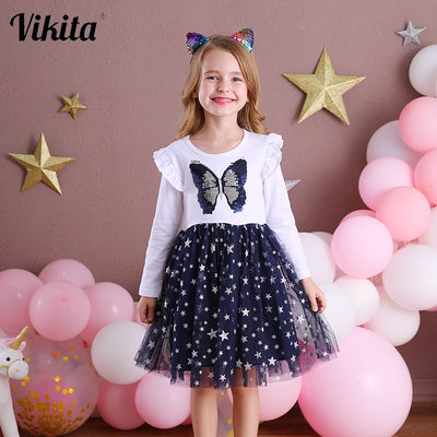 VIKITA Girl Princess Dress New Autumn Kid Girls Dress Sequins Sweet Girls Casual Clothes Butterfly Costumes Children Clothing