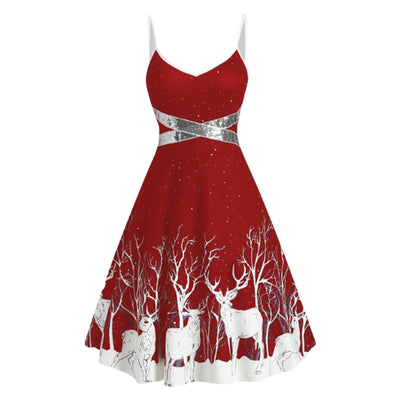 Summer Women Dresses Fashion Elegant Elk Print Adjustable Spaghetti Straps Sleeveless Large Hem Dress Party платье