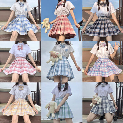 Summer Women&#39;s Mini Skirt Harajuku Korean Fashion Sweet Cute Kawaii Skirt Girl High Waist Plaid Pleated Skirt Girl
