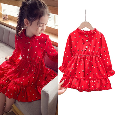 1-8Y Girls Red Dress Autumn New Baby Girl Long-sleeved Dress Princess Dress Spring Children Floral Chiffon Kids Dresses Clothes
