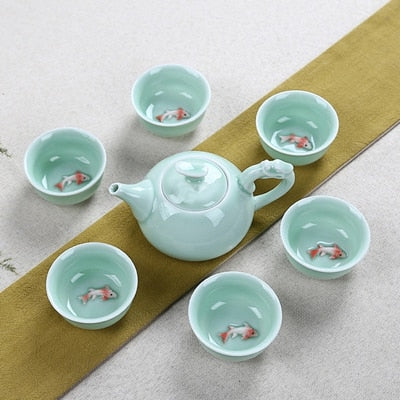 Longquan Celadon fish tea set ceramic teapot kettle ceramic tea cup fish chinese kung fu tea set drinkware 1pot+6cups