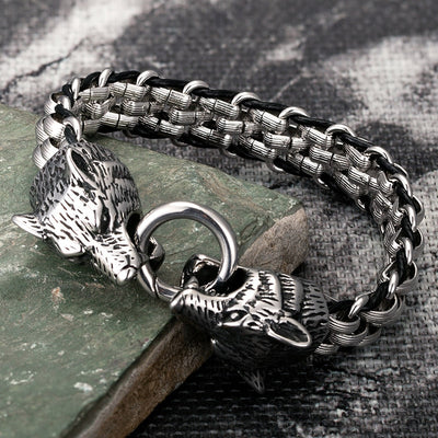 Wolf Head Bracelets Men&#39;s Stainless Steel Chain Charm Leather Punk Biker Jewelry Rock Viking Wristband Fashion Accessories Gifts