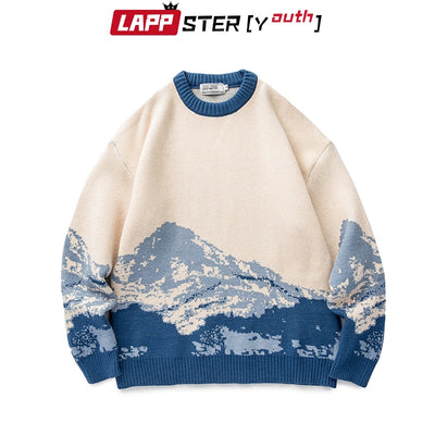 LAPPSTER-Youth Men Harajuku Moutain Winter Sweaters 2022 Pullover Mens Oversized Korean Fashions Sweater Women Vintage Clothes