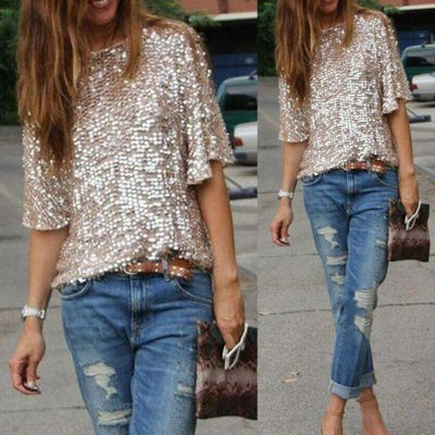 Women Ladies Sequin Short Sleeve Fashion Casual Sparkly Tops Glitter Evening Party Tops Shirt