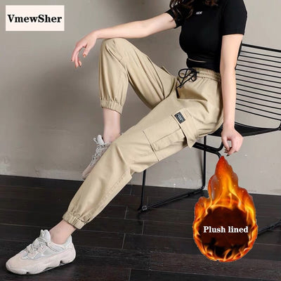 VmewSher New Winter Cargo Pants Women Cotton Solid Pockets Streetwear Fashion Warm Short Plush Fur Lined Casual Trousers 2021