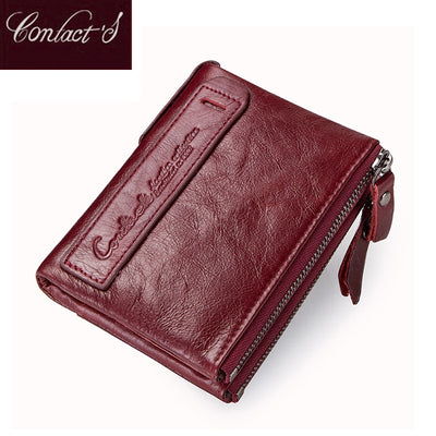 Fashion Genuine Leather Women Wallet Bi-fold Wallets Red ID Card Holder Coin Purse With Double Zipper Small Women&#39;s Purse 2022