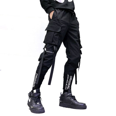 Hip Hop Men Ribbons Cargo Pants Fashion Harajuku 2023 New Elastic Waist Casual Streetwear Mens Joggers Trousers Black