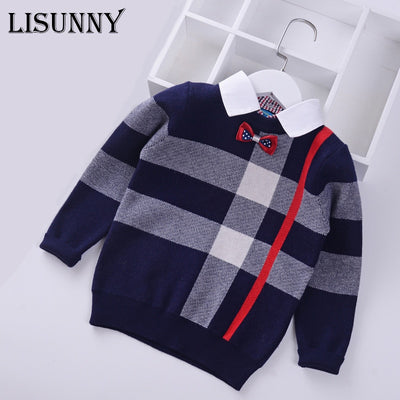 2022 Shirt collar Boys Sweaters Baby stripe Plaid Pullover Knit Kids Clothes Autumn Winter New Children Sweaters Boy Clothing