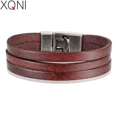 XQNI Classic Style Double Layer Toggle-clasp PU Leather Bracelet For Men Black/Brown/Orange Color Male Jewelry Accessories Gift