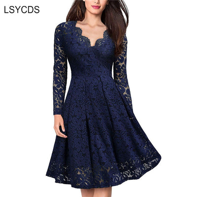 LSYCDS Elegant Sexy Dress for Women Vintage Lace Long Sleeve V Neck Black Blue Robe Femme Casual Dresses Woman Party Night 2022