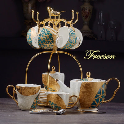 Luxury Bone China Coffee Set Gold Inlay Porcelain Tea Set Pot Cup Ceramic Mug Sugar Bowl Creamer Teapot Milk Jug Coffeeware