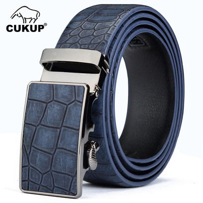 CUKUP Men&#39;s Leather Cover Automatic Buckle Metal Belts Quality Crocodile Stripes Blue Cow Skin Accessories Belt for Men NCK133