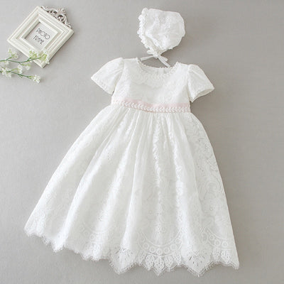 Hetiso White Infant Dress for Baptism Baby Girls Lace Dresses with hat Kids Clothes Christening Birthday Outfits 3-24 Month