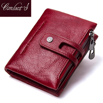 Contact&#39;S Genuine Leather Fashion Short Wallet Women Zipper Mini RFID Blocking Coin Purse Card Holder Wallets for Women