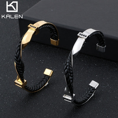 Kalen Men&#39;s Stainless Steel Leather Zircon Fashion Bracelet Twisted Surface Shape Accessories