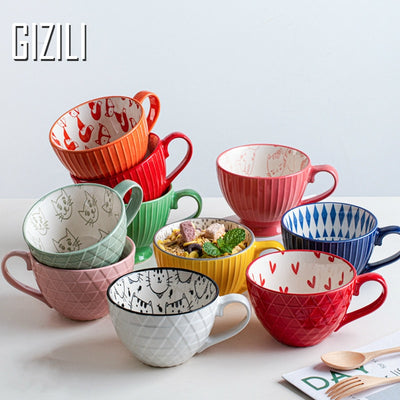 GIZILI Ceramic Mugs Coffee Cup Breakfast Cereal Cute Ceramic Cup Milk Household Large Capacity Oatmeal Mug Drinkware Home Decor