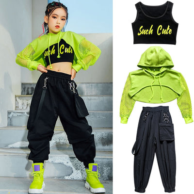 Jazz Costume Hip Hop Girls Clothing Green Tops Net Sleeve Black Hip Hop Pants For Kids Performance Modern Dancing Clothes BL5311