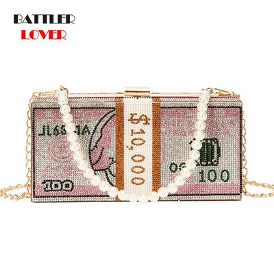 Stack of Cash Women Diamond Money Dinner Purses and Handbags Evening Clutch Bags for Female Chain Luxury Wedding Flaps Totes