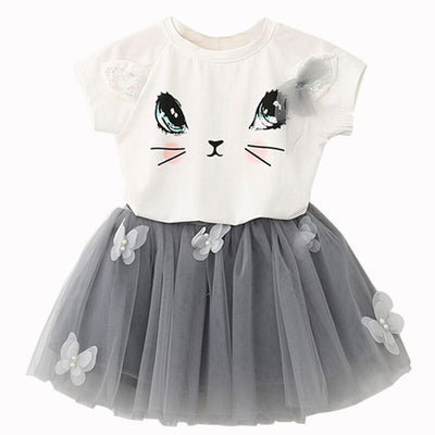 Summer Baby Girls Princess Dress 2pcs Set Cute Cartoon Cat Print T-shirt Top+Mesh Tutu Skirt Toddler Kids Outfits Clothes