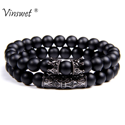 Luxury 2pcs Beaded Bracelets Men Black Onyx Natural Stone Bracelets Homme Fashion Bangles for Men Handmade Jewelry Accessories