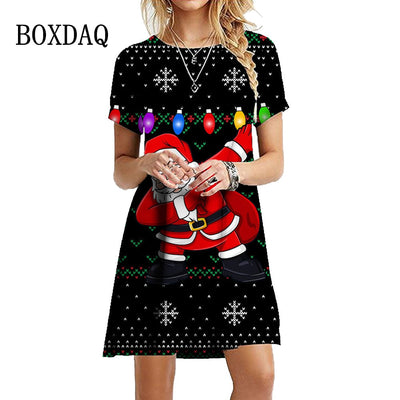 Red Santa Claus Dress Women 2022 Christmas Style Snowflake Print Dress Fashion Short Sleeve Dress Loose Casual Oversized Clothes
