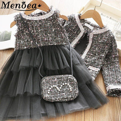 Menoea Girls Princess Clothes Suits Winter Style Kids Girls Party Elegant Toddler Outfit Children Woolen Clothing Sets 2-7Ys