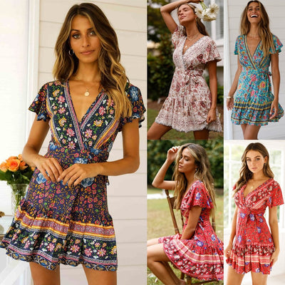 2022 New Women Short Sleeve Boho Floral Mini Dress Ladies Vintage Sundress Holiday Beach V-neck Lace up Dress Summer Clothing