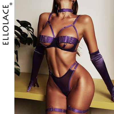 Ellolace Sexy Lingerie Naked Women Without Censorship 5-Piece Sexy Costume Hollow Underwear Uncensored Sensual Open Bra Outfits