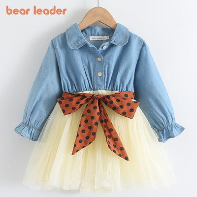 Bear Leader Girls Party Dresses 2022 New Autumn Girls Princess Dress Sashes Denim Mesh Outfits Sweet Kids Spring Clothes Suits