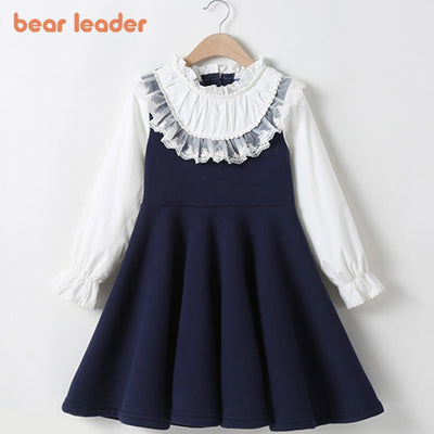 Bear Leader School New Girls Clothing Dress Baby Casual Dress Kids Patchwork Fall Clothes Children Long Sleeve Dress Blue White