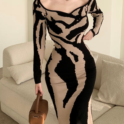 Winter Women Abstract Colorful Print Knitting Dresses Sexy Slim Tiger Stripe High Stretch Autumn Knitted Sweater Pencil Dress