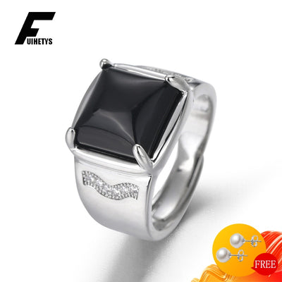 Trendy Men Ring Silver 925 Jewelry Accessories with Obsidian Zircon Gemstone Open Finger Rings for Wedding Engagement Party Gift