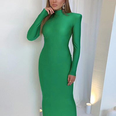 Hawthaw Shoulder Padded Long Sleeve Bodycon Green Party Club Maxi Long Dress 2022 Spring Autumn Women Fashion Elegant  Clothes