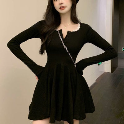 QWEEK Knitted Black Wrap Dress Women Korean Style Bodycon Lace Long Sleeve Short Dresses 2022 Autumn Kpop Outfits Solid